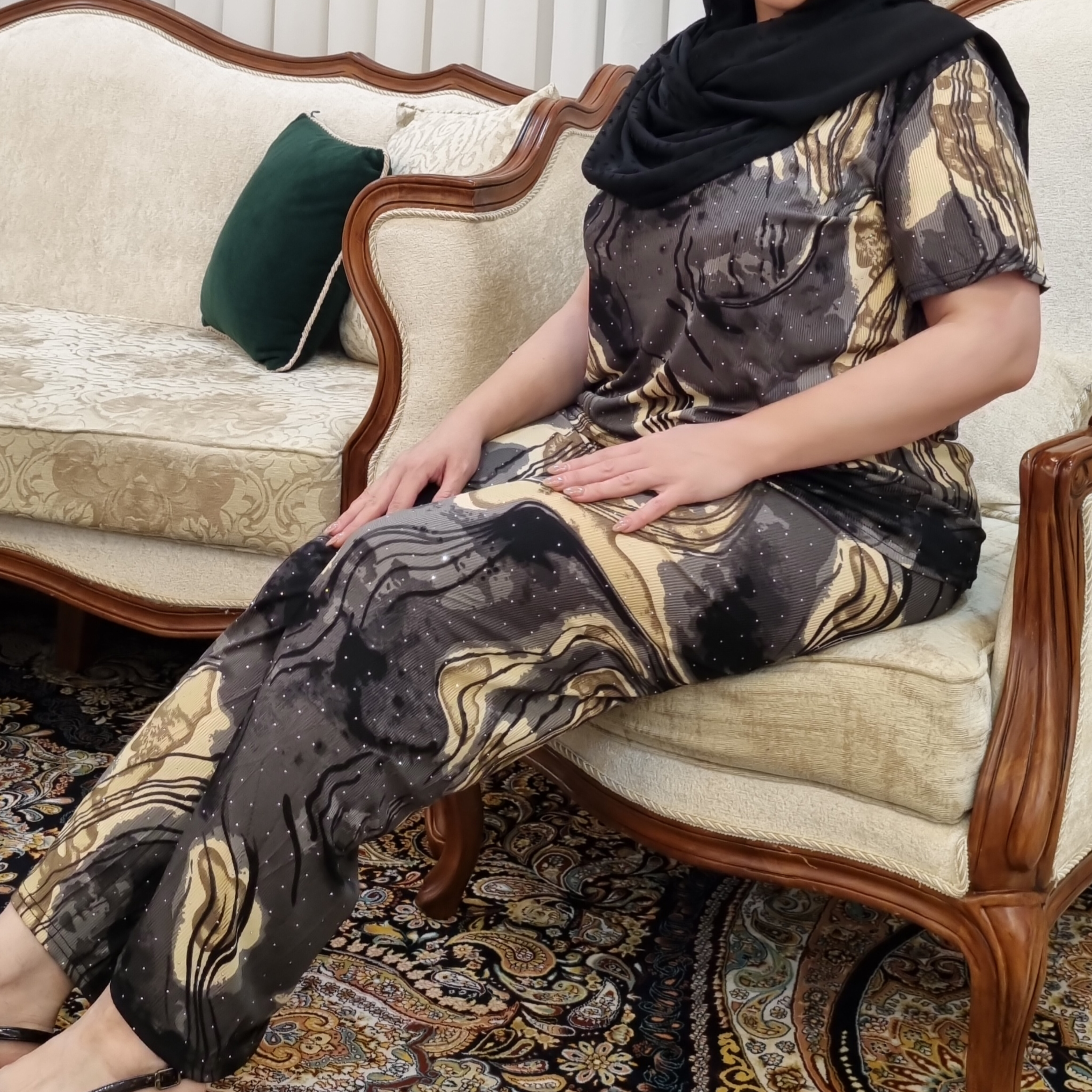 ست تیشرت شلوار نگین دار وارداتی جنس ریون ریلس